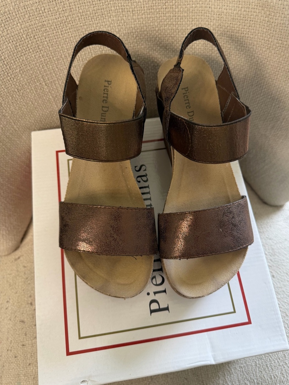 Pierre Dumas Bronze Metallic Double-Strap Slingback Wedge Sandals Women’s Size 7